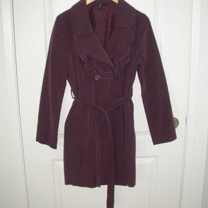 Elegant Maroon Trench Coat with Ruffled Collar